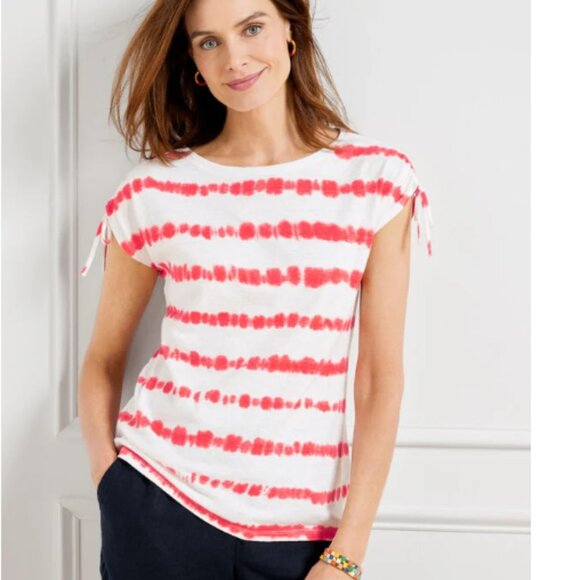 Talbots Linen Blend Cinched Shoulder Bateau Neck Tee Tie-Dye Stripe NWT Large - Picture 1 of 9